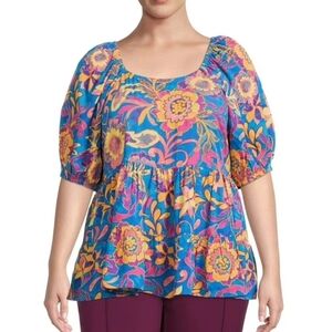 Terra & Sky Floral Blue and Pink Women's Baby Doll Top Floral OX